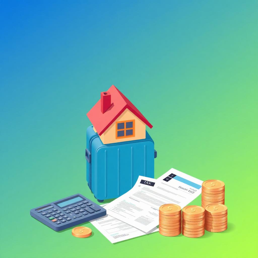 Casa con maleta de viaje azul junto a calculadora, documentos fiscales y monedas de euro sobre fondo degradado azul-verde representando la tributación del alquiler turístico en el IRPF 2026 para propietarios particulares