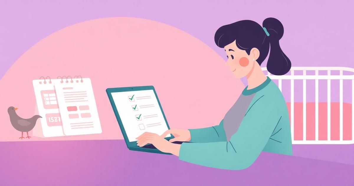 Madre revisando un portátil con un checklist de documentos para solicitar la baja por maternidad 2026 ante el INSS