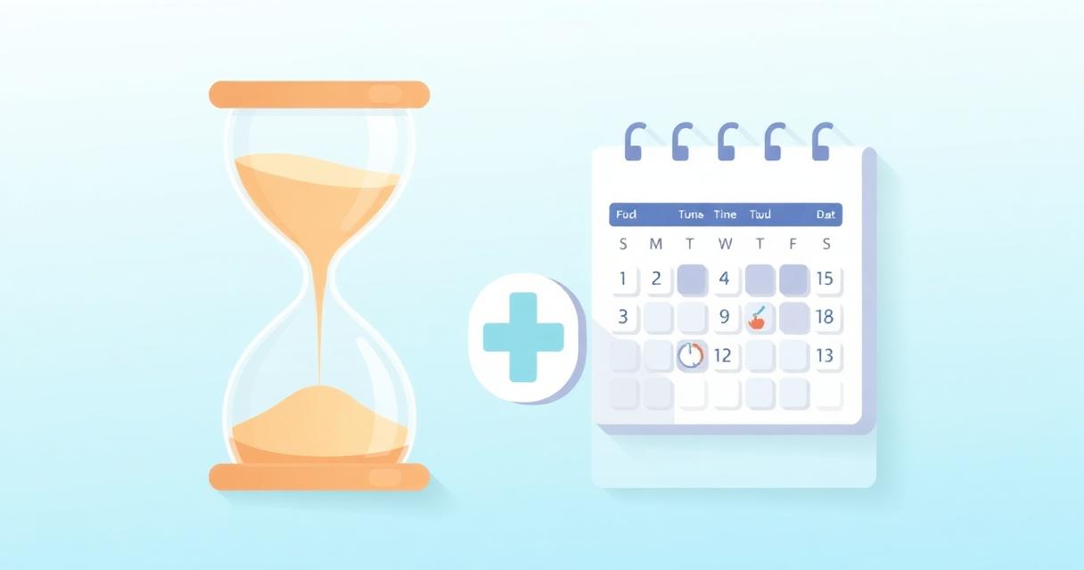 Reloj de arena con calendario y símbolo médico sobre fondo azul-verde representando la duración máxima de una baja médica y sus prórrogas en 2026
