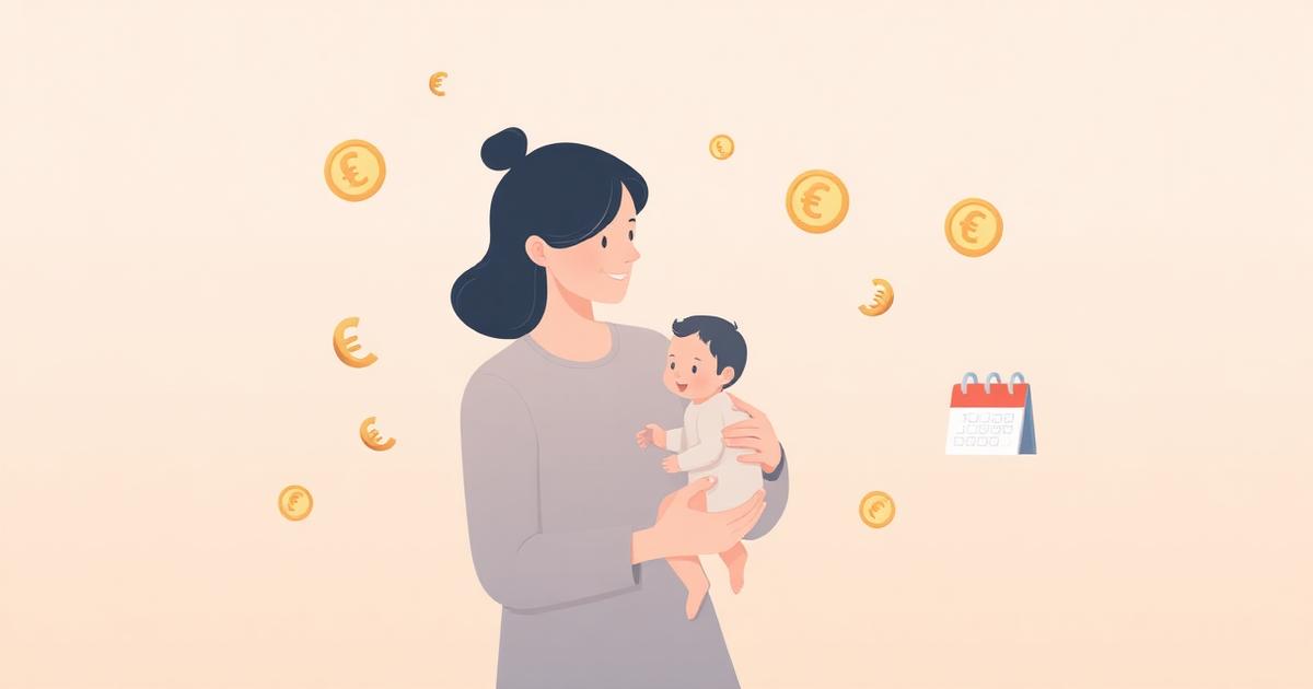 Ilustración cálido de madre con bebé y monedas de euro flotando, representando la cuantía de la prestación por maternidad 2026