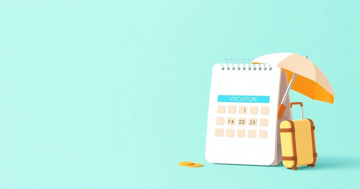 Calendario de vacaciones con sombrilla de playa, maleta y monedas de euro sobre fondo azul-verde representando los días de vacaciones que corresponden en 2026