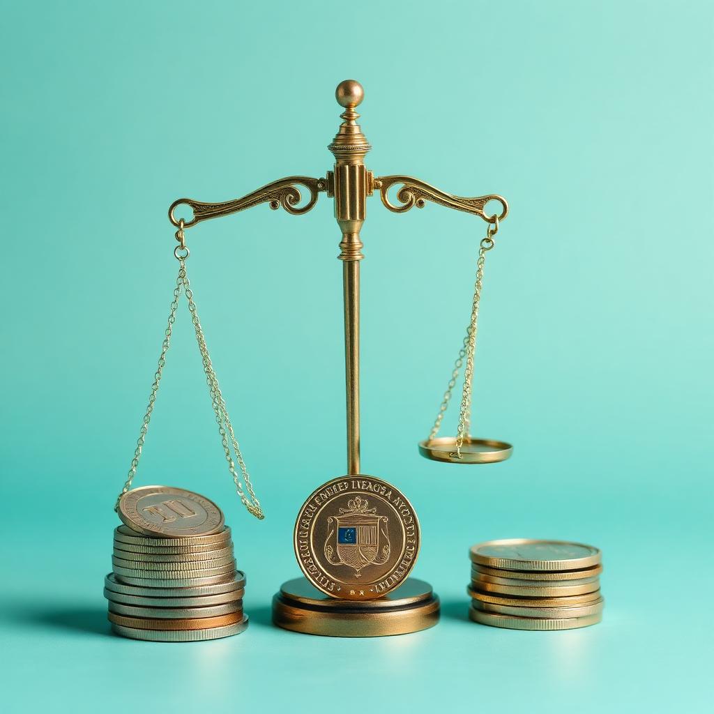 Balanza de justicia dorada equilibrando monedas de euro junto a un escudo institucional sobre fondo azul-teal representando el IPREM 2026 como indicador oficial de renta para ayudas públicas en España