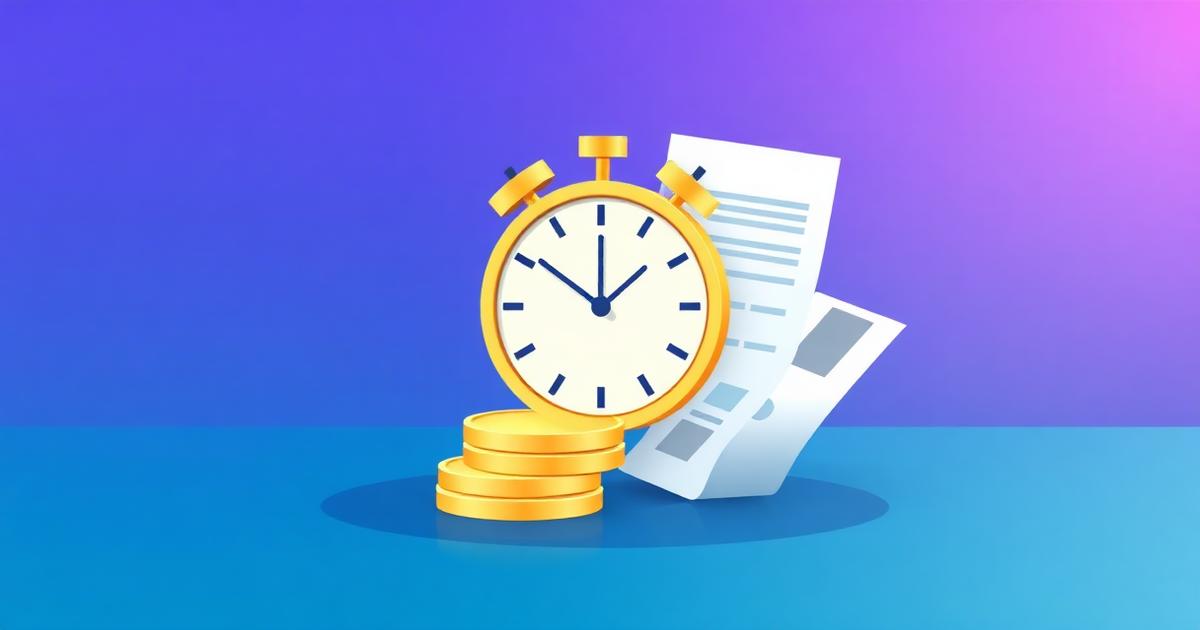 Reloj cronómetro junto a monedas de euro y una nómina sobre fondo azul y violeta representando el cálculo del salario por horas en 2026