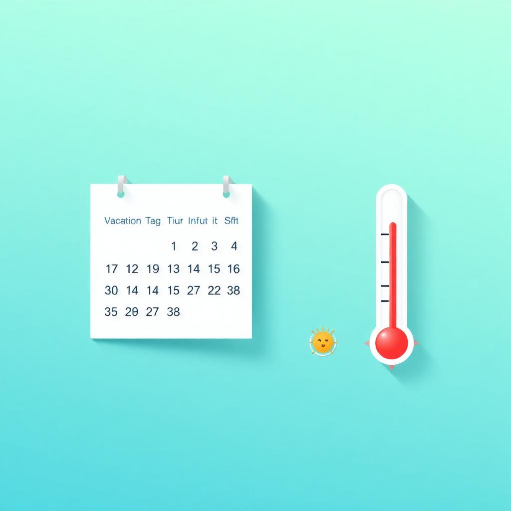 Calendario de vacaciones junto a termómetro médico y sol sobre fondo azul-verde representando la relación entre vacaciones y baja médica por incapacidad temporal en 2026