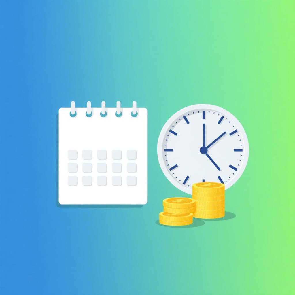 Calendario partido junto a reloj de media jornada y monedas de euro sobre fondo azul-verde representando el cálculo de vacaciones en contratos temporales y a tiempo parcial en 2026